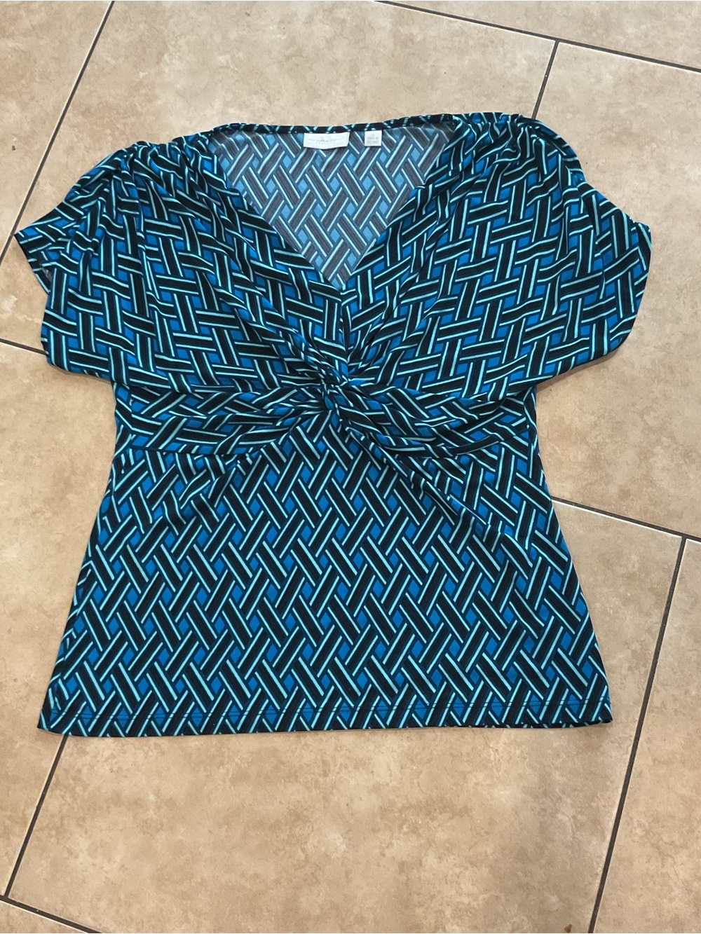 New York & Company Blue and Black Twist-Front Geometric V-Neck Blouse